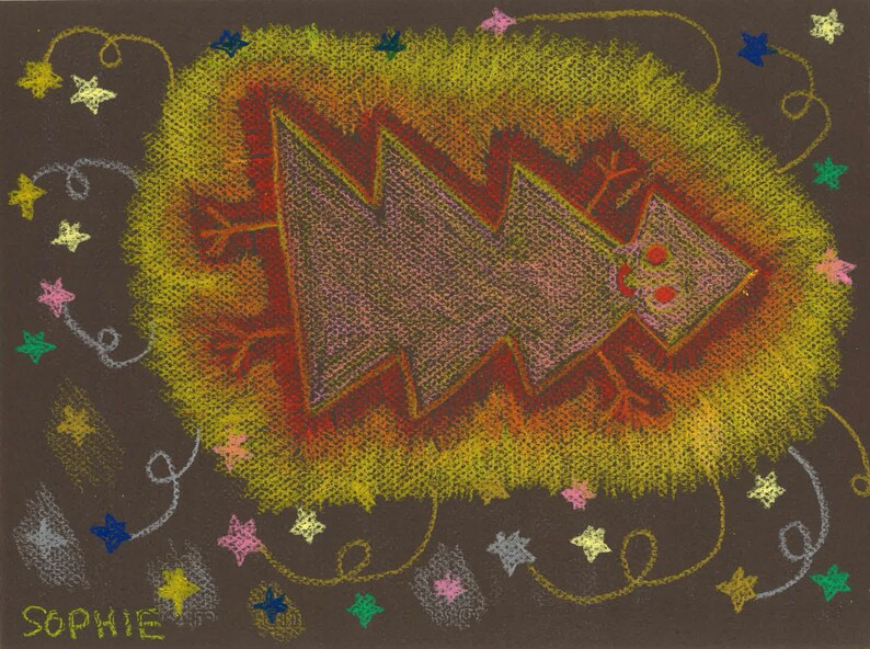 May include: A child's drawing of a stylized Christmas tree with a red, orange, and yellow color scheme. The tree is surrounded by a yellow halo and a scattering of colorful stars. The drawing is signed "Sophie".