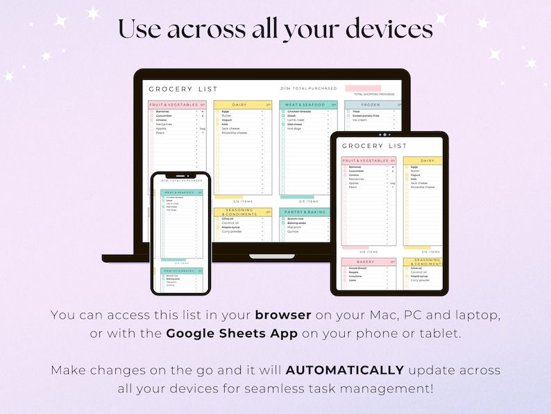 May include: A screenshot of a laptop and a phone displaying a grocery list app. The app is organised into categories such as fruit and vegetables, dairy, meat and seafood, pantry and baking, frozen, bakery, and seasonings and condiments. The text on the screen says "Grocery List" and "Use across all your devices".