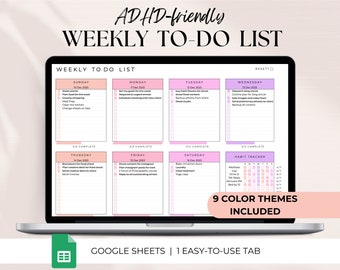 May include: A laptop screen displaying a Google Sheets spreadsheet with a weekly to-do list template. The template is designed to be ADHD-friendly and includes sections for each day of the week, a habit tracker, and a note to indicate tasks are complete. The template is available in nine color themes. The text on the screen reads "ADHD-friendly Weekly To-Do List" and "Google Sheets | 1 Easy-to-Use Tab".