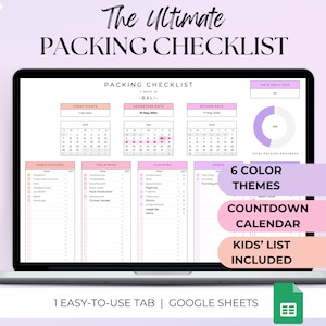 May include: A laptop screen displaying a Google Sheets spreadsheet with a packing checklist for a trip to Bali. The spreadsheet includes a countdown calendar, a kids' list, and a total packing progress bar. The spreadsheet is available in six colour themes.
