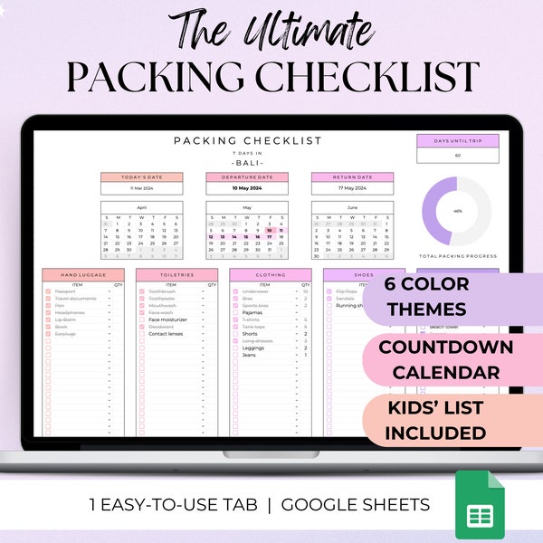 Editable packing checklist template, travel packing list, holiday packing list, trip checklist, travel essentials list, travel checklist