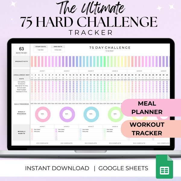 75 Hard Challenge Tracker, 75 Day Challenge, 75 Soft Challenge, Google sheets spreadsheet, 75 Hard Challenge, 75 Hard Tracker, 75 Medium