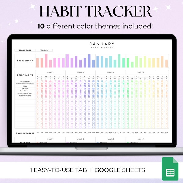 Habit Tracker Spreadsheet Template Google sheets, Daily Routine Goal Tracker, 2024 Habits, Productivity Tracker, Digital Daily Checklist