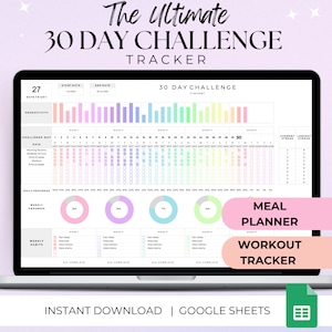 Goal Tracker, Fitness Planner, 30 Day Challenge Tracker, Habit Tracker, Google Sheets Spreadsheet, , Workout Tracker, Meal Planner