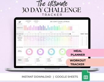 Seguimiento de objetivos, Planificador de actividad física, Seguimiento de desafíos de 30 días, Seguimiento de hábitos, Hoja de cálculo de Google Sheets, Seguimiento de entrenamiento, Planificador de comidas