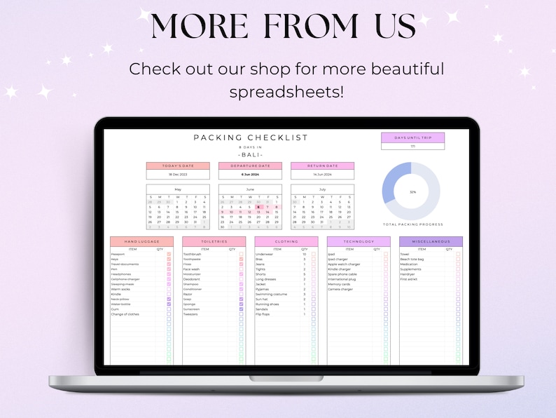 May include: A laptop screen displaying a packing checklist for a trip to Bali. The checklist includes sections for hand luggage, toiletries, clothing, technology, and miscellaneous items. The checklist also includes a calendar with the dates of the trip highlighted.