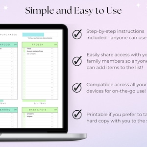 May include: A laptop computer screen displaying a digital grocery list template. The template is divided into categories, such as "Meat & Seafood", "Frozen", "Pantry & Baking", and "Baby & Pets". The screen also includes a checklist of features, such as "Step-by-step instructions included - anyone can use it!" and "Printable if you prefer to take a hard copy with you to the shops!"