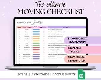 May include: A laptop screen displaying a Google Sheet spreadsheet with a moving checklist. The spreadsheet has columns for box number, room, color code, fragile, and contents. The spreadsheet is titled "The Ultimate Moving Checklist".
