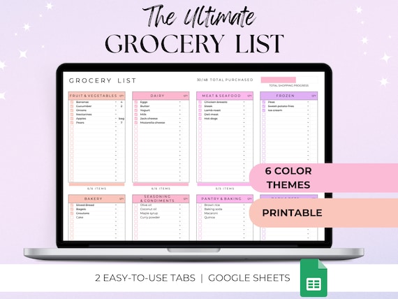 Editable Grocery List Printable, Shopping List, Grocery List Google Sheet,Printable Weekly Grocery Planner,Food Shopping List, Google Sheets