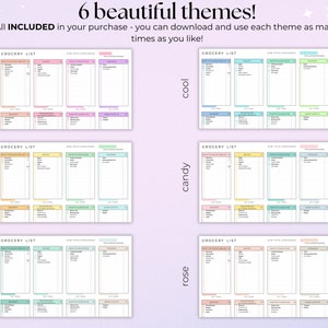 May include: Six printable grocery list templates in different colour themes: warm, cool, pastel, candy, rose, and ocean. Each template has sections for fruits and vegetables, dairy, meat and poultry, pantry, and frozen foods.