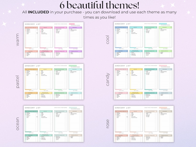 May include: Six printable grocery list templates in different colour themes: warm, cool, pastel, candy, rose, and ocean. Each template has sections for fruits and vegetables, dairy, meat and poultry, pantry, and frozen foods.