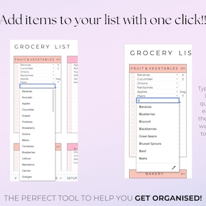 May include: A pink and white grocery list template with a drop-down menu showing a list of fruits and vegetables. The text "Type the first letter to quickly and easily find the item you want to add to your list!" is displayed on the right side of the image. The text "GROCERY LIST" is at the top of the image.