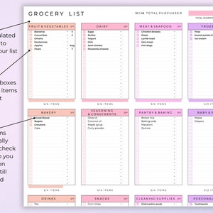May include: A pink and white grocery list checklist with 9 categories: Fruit & Vegetables, Dairy, Meat & Seafood, Frozen, Bakery, Seasoning & Condiments, Pantry & Baking, Baby & Pets, Drinks, Snacks, Cleaning Supplies, and Personal Care. Each category has a list of items with checkboxes next to them. The list is designed to help you organise your grocery shopping.