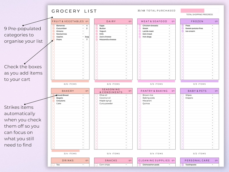May include: A pink and white grocery list checklist with 9 categories: Fruit & Vegetables, Dairy, Meat & Seafood, Frozen, Bakery, Seasoning & Condiments, Pantry & Baking, Baby & Pets, Drinks, Snacks, Cleaning Supplies, and Personal Care. Each category has a list of items with checkboxes next to them. The list is designed to help you organise your grocery shopping.
