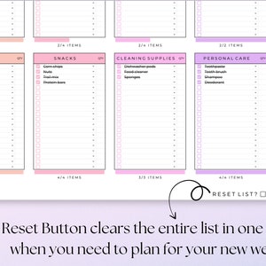 May include: A printable checklist with four columns labelled "Drinks", "Snacks", "Cleaning Supplies", and "Personal Care". Each column has a list of items with checkboxes and a space for quantity. The bottom of the page has a button that says "Reset List?"