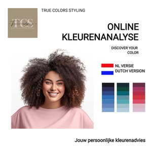 May include: A woman with curly brown hair smiles, wearing a pink shirt. The image includes text: "TRUE COLORS STYLING", "ONLINE KLEURENANALYSE", and "DISCOVER YOUR COLOR". A color palette and Dutch text are also present.