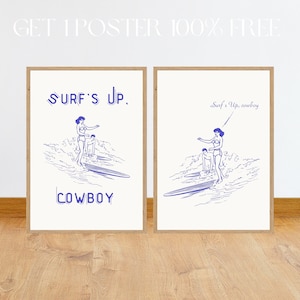 Retro Cowboy Poster Vintage Western Wall Art Wild West Print Coastal Cowboy Art Surfing Home Decor Surf&#39;s Up Cowboy Digital Download 2 Print