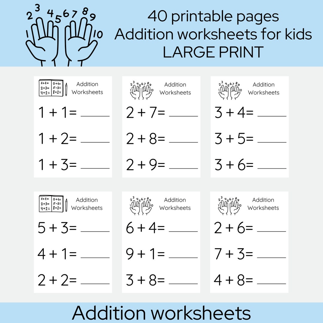 Addition Worksheets Large Print Printable Addition Worksheets Single ...