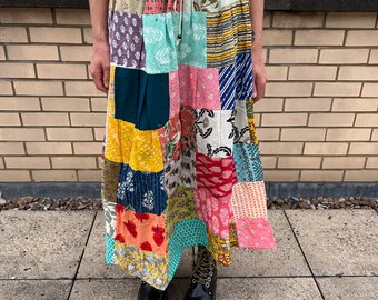 Handmade recycled patchwork long maxi skirt