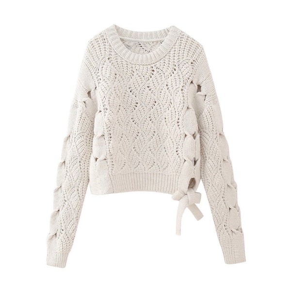 Cream knitted pullover sweater / jumper with tie side