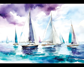 May include: A watercolor painting of sailboats on a blue and green ocean with a purple and white cloudy sky.