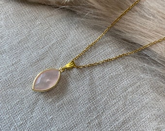 Gemstone Rose quartz necklace, stainless steel gold or silver plated, handmade