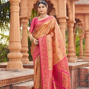 Golden Banarasi Silk Woven Saree with Blouse Piece, Traditional Indian Wedding Saree, Luxury Party Wear Saree, Kanchipuram Silk Saree, Sari