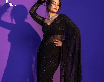 Classic Black Soft Net Sequins Embroidered Saree With Blouse Piece For Women, C Pallu Work, Cutwork Border, Designer Party Wear Saree, Sari