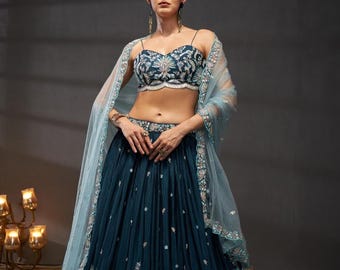 Designer Teal Sequins Embroidered Poly Chiffon Semi Stitched Bridal Lehenga Choli For Women, Thread Work, Elegant Wedding Wear Lehenga Choli