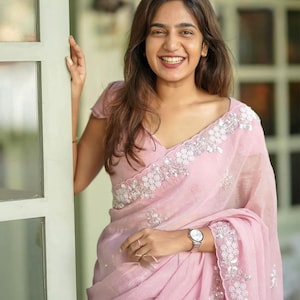 Pleasant Pink Embroidered Pixel Crush Party Wear Saree For Women, Cutdana, Moti & Sequins Work, Saree For UK Women, Festive Wear Saree, Sari