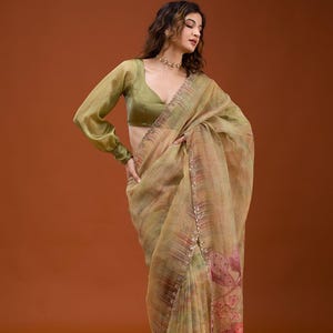 Beige Embroidered Tabby Organza Silk Saree With Blouse Piece For Women, Real Mirror, Khatali & Zarkan Work Cutwork Border, Festive Wear Sari