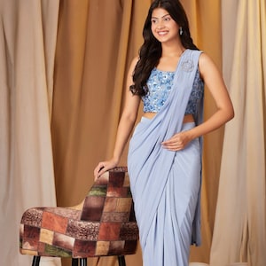 Sky Blue Liva Silk Ready To Wear Saree With Readymade Fully Stitched Blouse, Sequins Embroidery, One Minute Saree, Prestitched Saree, Sarees