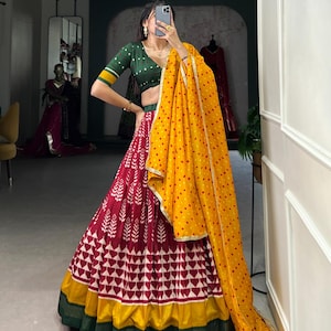 Navratri Special Red Printed Foil Work Tussar Silk Semi Stitched Festive Lehenga Choli For UK Women, Bandhej Print, Garba Outfit for UK Girl