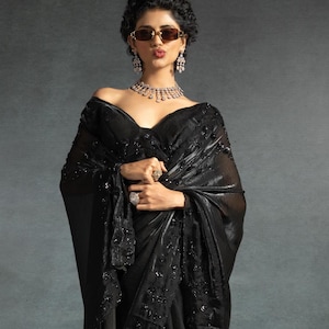 Classic Black Stone Handwork Satin Silk Saree For Women, Saree For USA Women, Party Wear Outfit, Festive Wear Saree, Silk Saree, Satin Sari