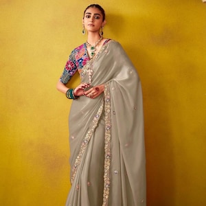 Beautiful Beige Embroidered Glass Tissue Saree For Women, Party Wear Sarees, Sequins Work, Thread Embroidery, Pink Saree, Yellow Saree, Sari