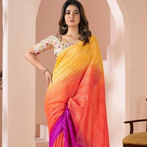 Trendy Multicolor Shaded Linen Saree With Blouse Piece For Women, Digtial Print Blouse, Fancy Party & Festive Wear Saree, Pink Blue Saree