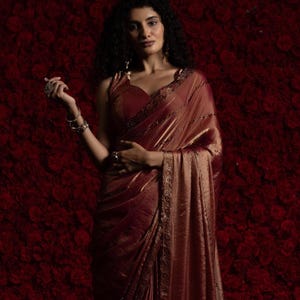 Fancy Rust Stone Hand Work Satin Silk Saree For Women, Saree For USA Women, Party Wear Outfit, Festive Wear Attire, Ethnic Wear Sarees, Sari