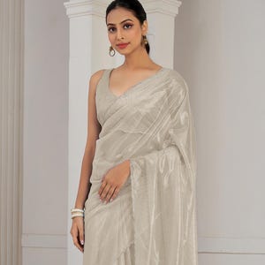 Elegant Cream Stone Hand Work Net Organza Saree For Women, Saree For USA Women, Prestitched Saree, Party Wear Saree, Ethnic Wear Saree, Sari