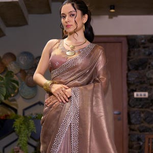Elegant Beige Stone Hand Work Organza Saree For Women, Saree For USA Women, Party Wear Sarees, Festive Wear Attire, Embellished Saree, Sari