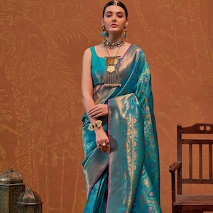 Sky Blue Silk Zari Weaving Saree With Blouse Piece For Women, Traditional Wedding & Festive Wear for Women, Rich Indian Silk Saree