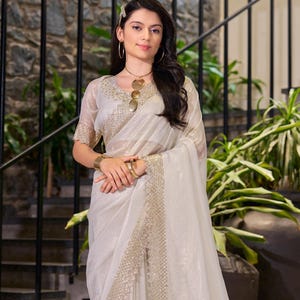Enchanting Cream Stone Handwork Organza Saree For Women, Saree For USA Women, Party Wear Saree, Festive Wear Attire, Fancy Embellished Saree
