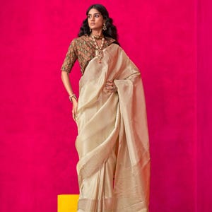 Beige Pure Zari Tissue Handloom Silk Saree with Blouse Piece For Women, Banarasi Silk Saree, Designer Saree, Party Wear Saree, Festive Sari