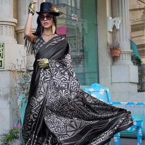 Black Satin Crepe Silk Digital Printed Party Wear Saree, Saree For USA Women, Crepe Saree, Satin Saree,  Saree For Sale, Silk Saree, Sari