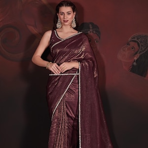 Mesmerizing Maroon Stone Hand Work Tissue Organza Saree For Women, Saree For USA Women, Festive Wear Sarees, Party Wear Outfit, Zarkan Work