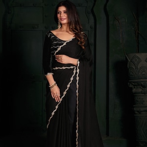 Classic Black Stone Hand Work Satin Silk Saree For Women, Digital Print Work, Party Wear Outfit, Festive Wear Saree, Silk Sarees, Satin Sari