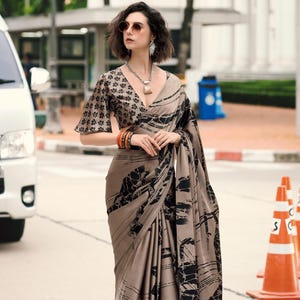 Elegant Sand Premium Soft Satin Digital Printed Saree with Blouse Piece For Women, Casual Outing Printed Saree, Satin Silk Saree, Sari