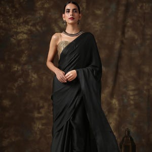Black Bridesmaid Heavy Satin Saree for Women & Girls, Bridesmaid Group Prestitched Saree, Sari, Custom Bridesmaid Saree for Wedding Ceremony