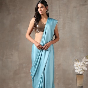 Sky Blue Satin Silk Bridesmaid Saree With Blouse Piece For Women, Wedding Saree for Bridesmaid, Group Saree, Tweening Saree, Bridal Outfit