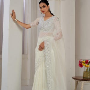 Fancy White Stone Hand Work Tissue Organza Saree For Women, Sequins Applique Work, Festive Wear Saree, Party Wear Outfit, Prestitched Sarees
