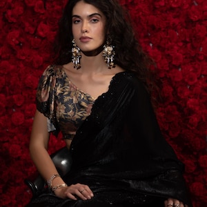 Classic Black Stone Hand Work Satin Silk Saree For Women, Digital Print Work, Party Wear Outfit, Festive Wear Saree, Silk Sarees, Satin Sari